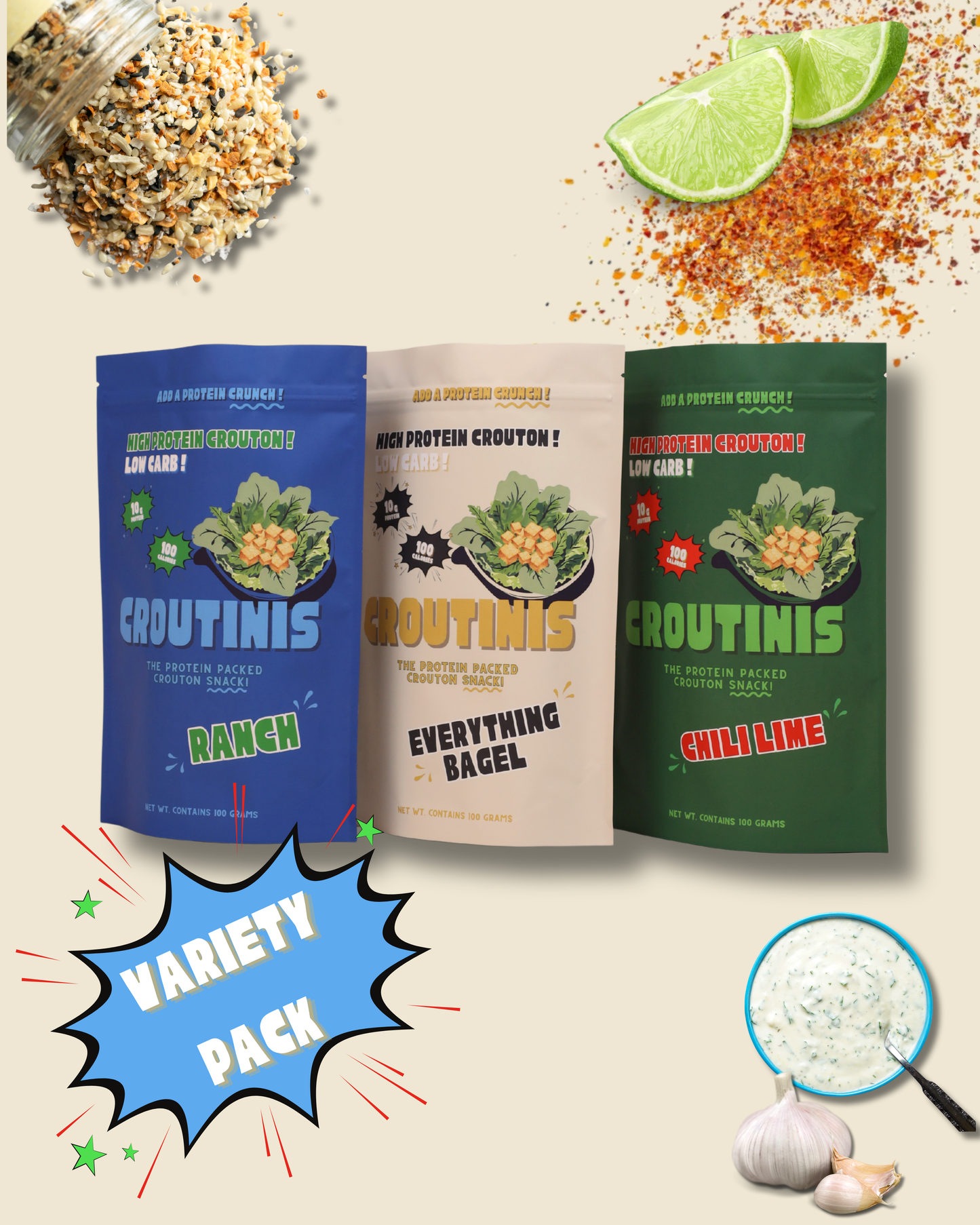 Variety Pack - Pantry Size (5oz), High Protein, Low Carb, Gluten Free Croutons